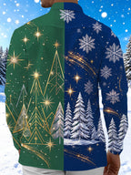 Oceanlyte Men's Long Sleeve Shirt - Color Block Christmas Trees And Golden Stars Print with Chest Pocket