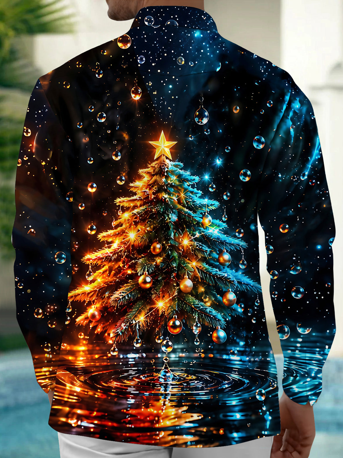 Oceanlyte Men's Christmas Tree With Ornaments And Star Print Long Sleeve Shirt with Chest Pocket