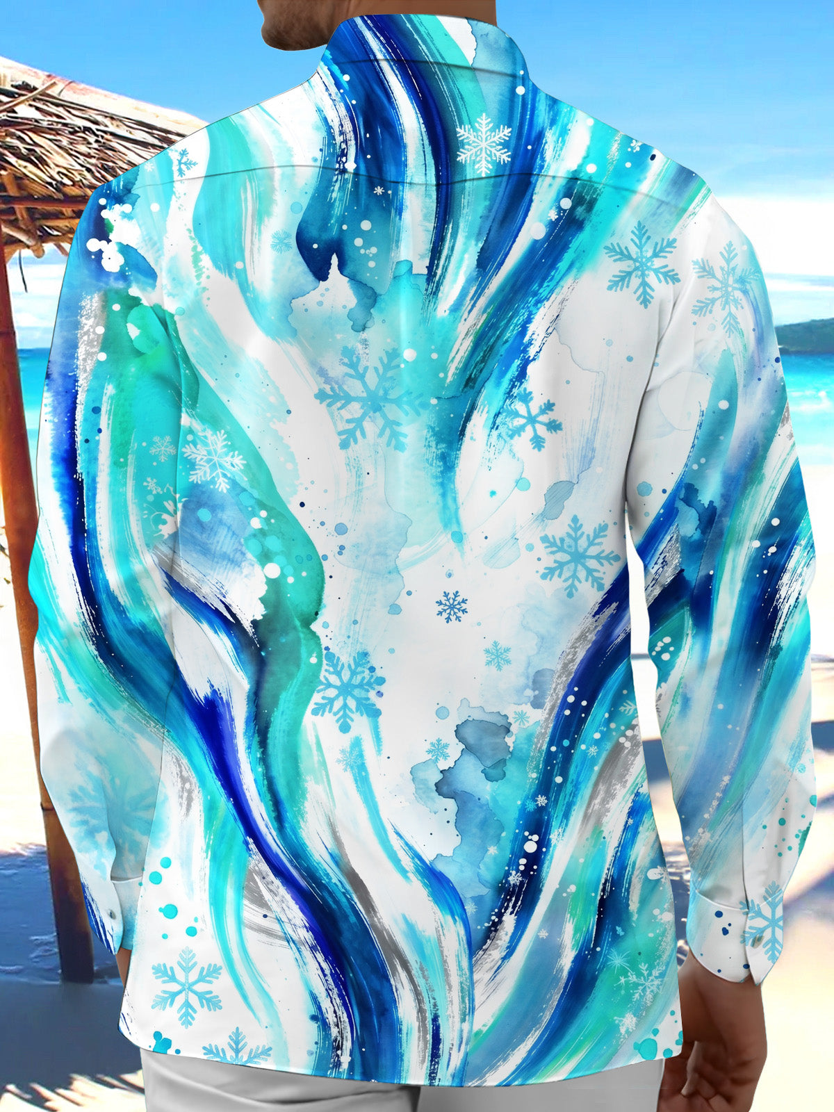 Oceanlyte Men's Abstract Watercolor Waves And Snowflakes Print Long Sleeve Shirt with Chest Pocket