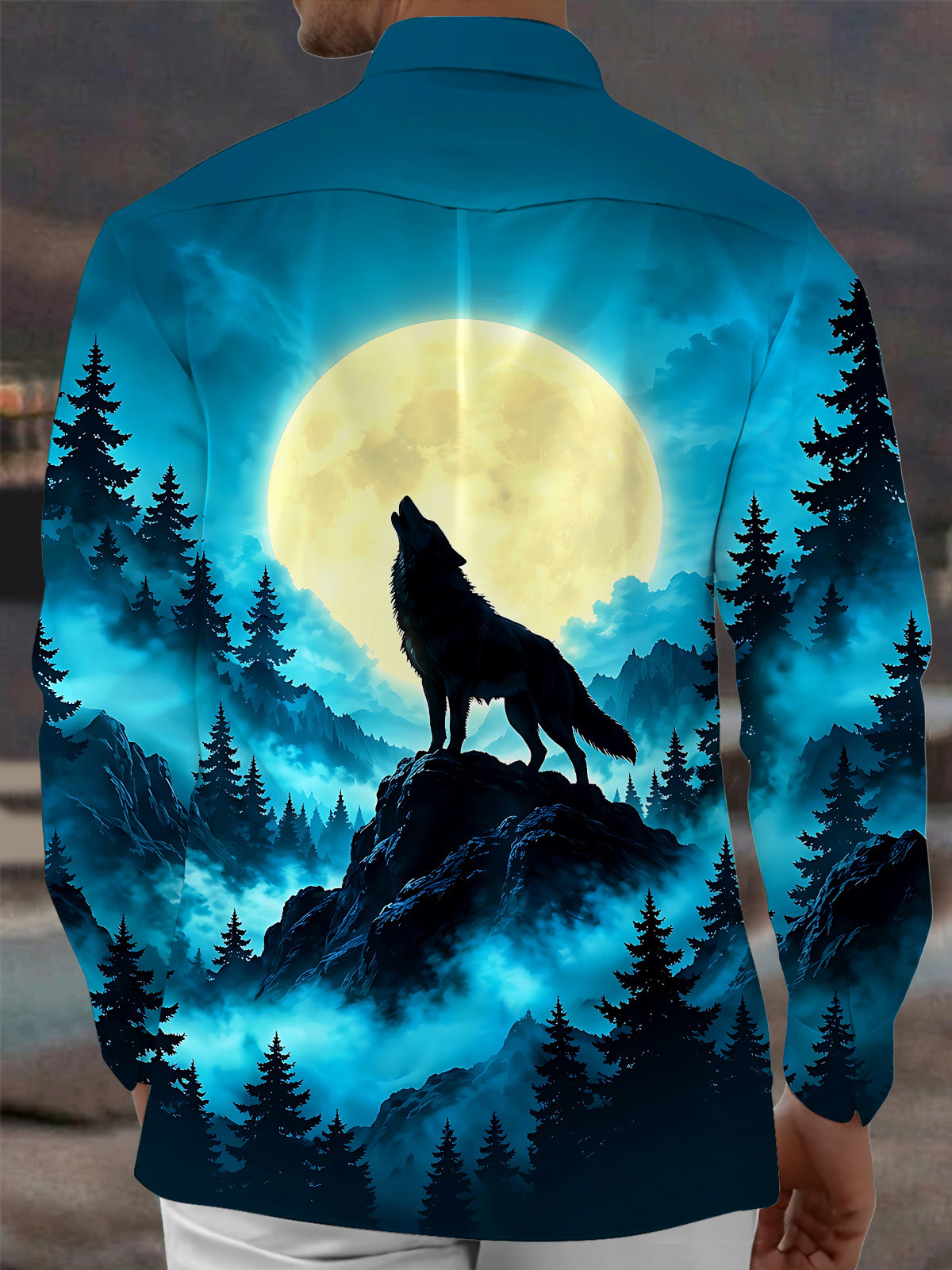 Oceanlyte Men's Printed Howling Wolf And Full Moon Print Long Sleeve Shirt with Chest Pocket