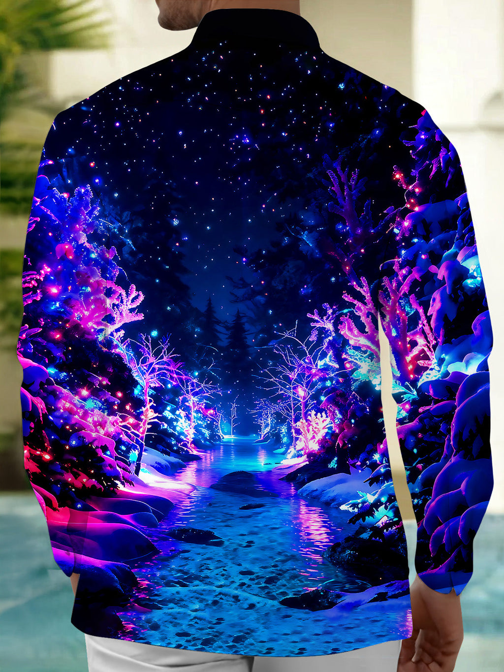 Oceanlyte Men's Printed Neon Winter Forest Print Long Sleeve Shirt with Chest Pocket