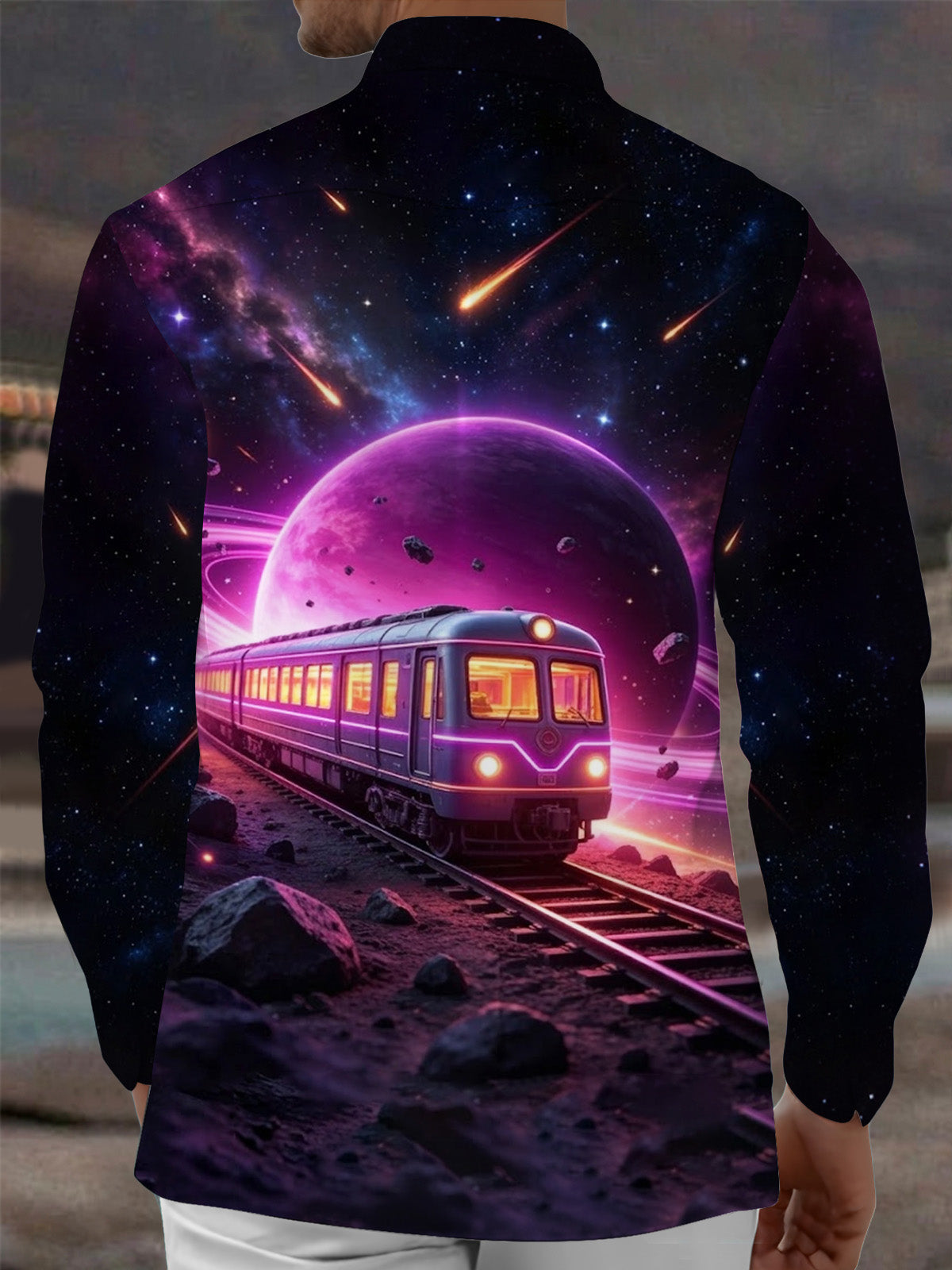 Oceanlyte Men's Graphic Space Planet And Train Print Long Sleeve Shirt with Chest Pocket