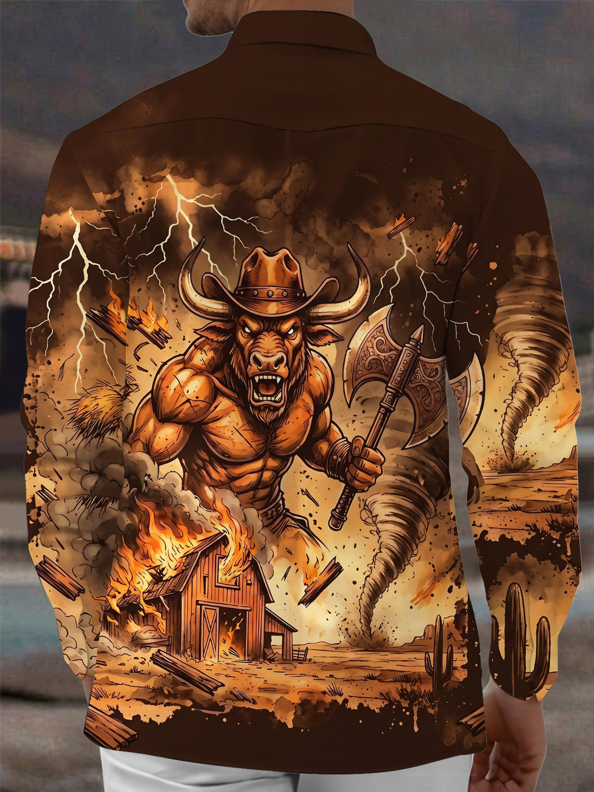 Oceanlyte Men's Graphic Western Bull Warrior Print Long Sleeve Shirt with Chest Pocket