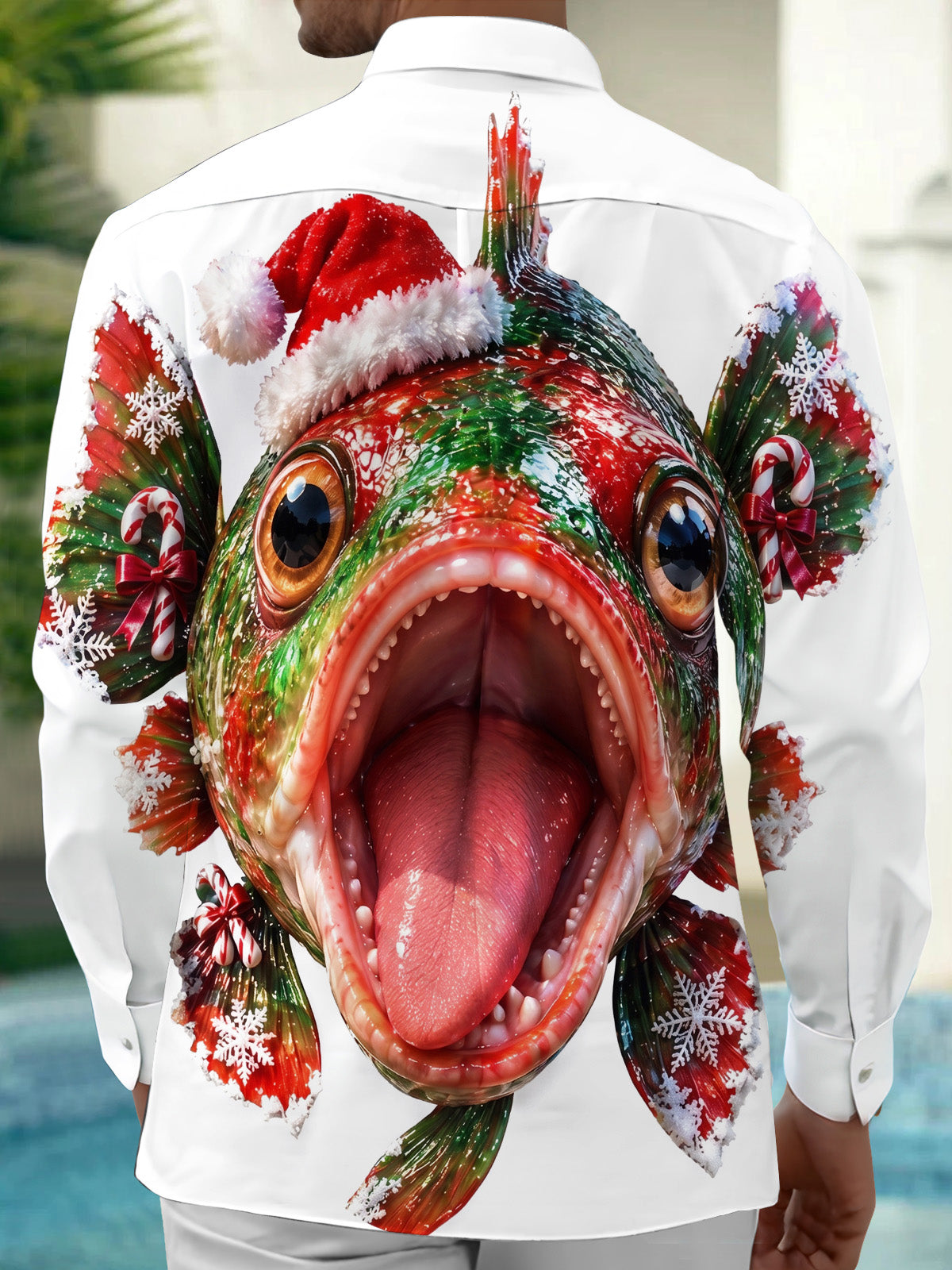 Oceanlyte Men's Graphic Christmas Fish With Santa Hat Print Long Sleeve Shirt with Chest Pocket