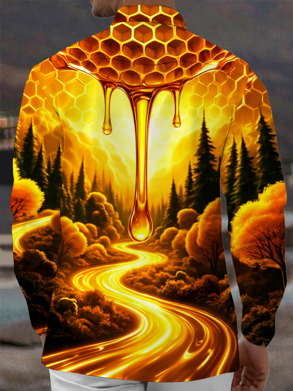 Oceanlyte Men's Printed Honeycomb And Dripping Honey Print Long Sleeve Shirt with Chest Pocket