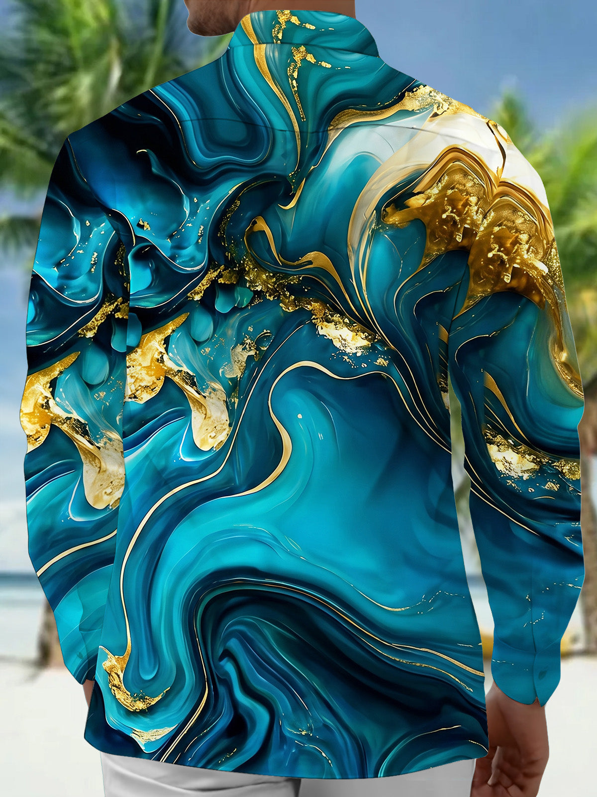 Oceanlyte Men's Printed Marble Effect Print Gold Veins Print Long Sleeve Shirt with Chest Pocket