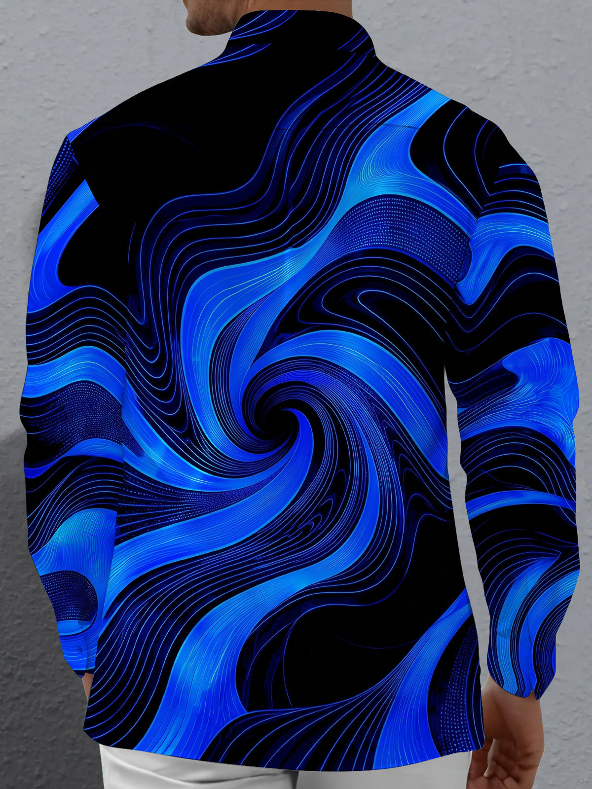 Oceanlyte Men's Abstract Abstract Blue And Black Swirl Pattern Long Sleeve Shirt with Chest Pocket