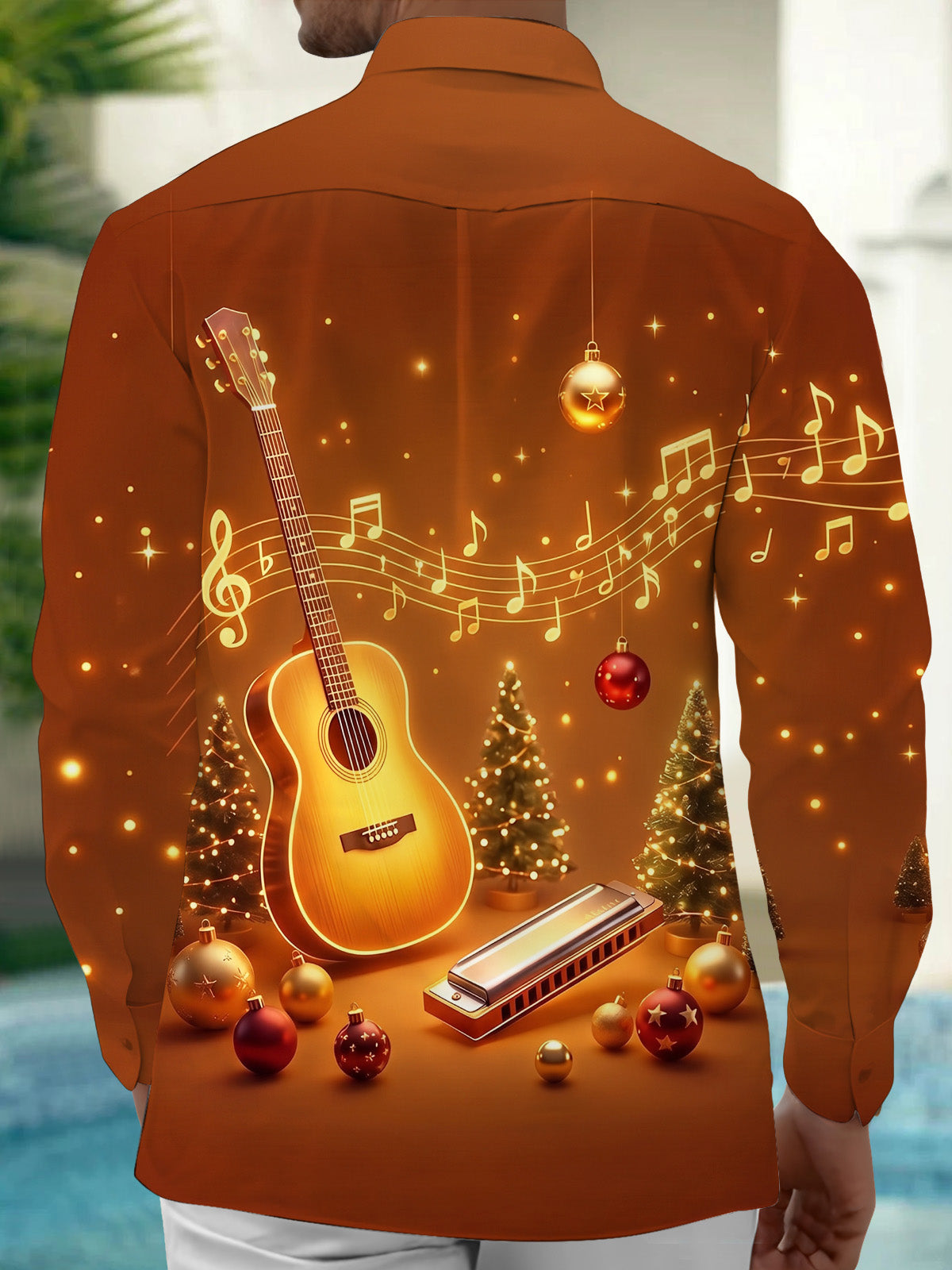 Oceanlyte Men's Graphic Christmas Guitar Print Long Sleeve Shirt with Chest Pocket
