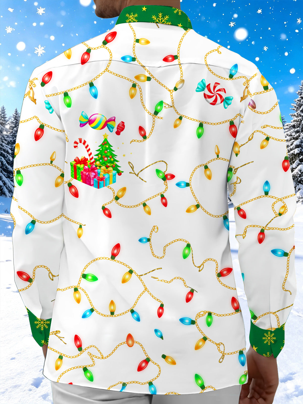 Oceanlyte Men's Printed Christmas Tree And Gifts Print Long Sleeve Shirt with Chest Pocket