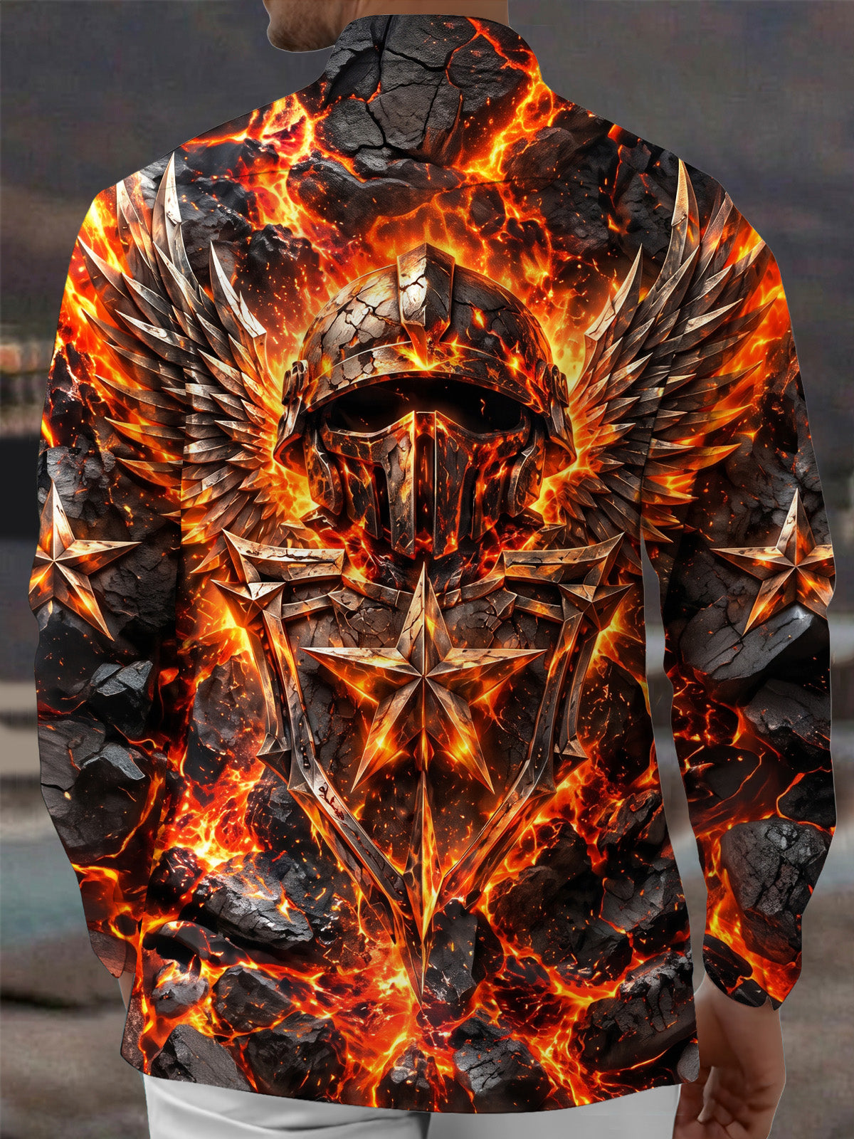 Oceanlyte Men's Long Sleeve Shirt - The "Forged in Fire" Lava And Winged Helmet With Star Shield Print with Chest Pocket