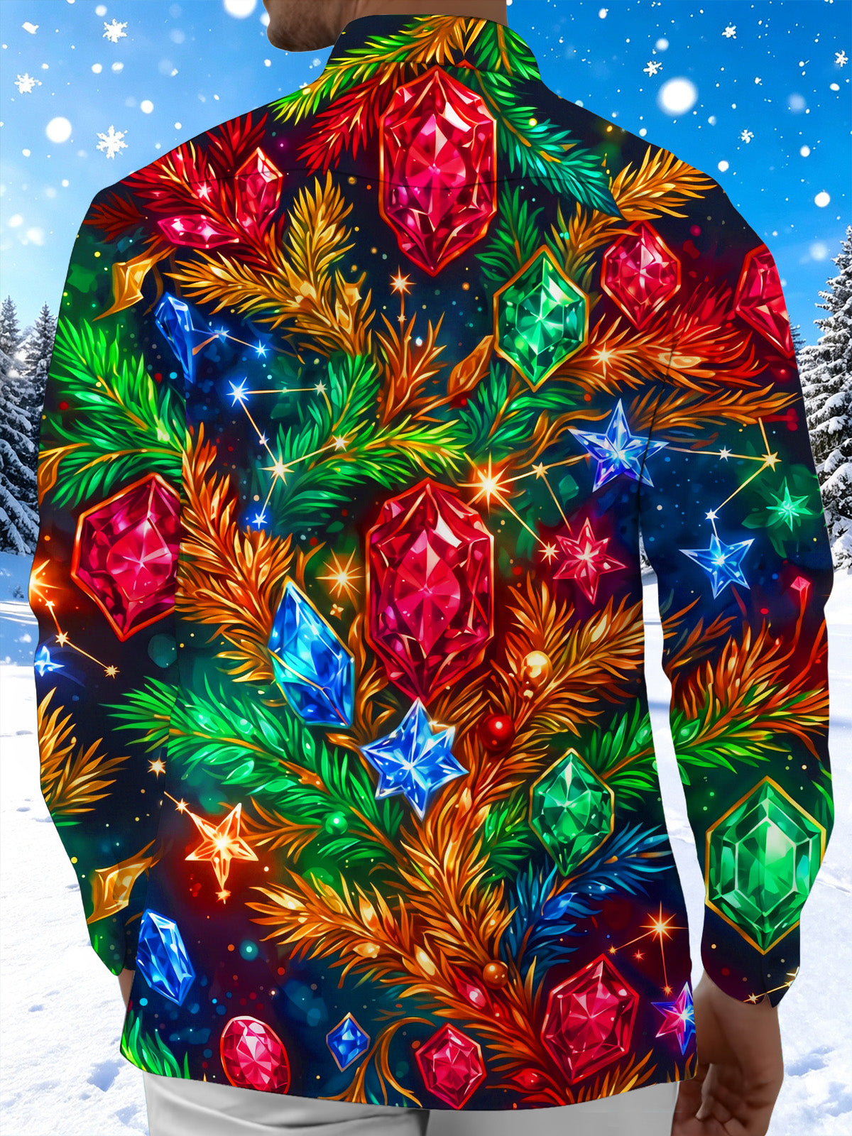 Oceanlyte Men's Christmas Gemstones And Pine Branches Print Long Sleeve Shirt with Chest Pocket