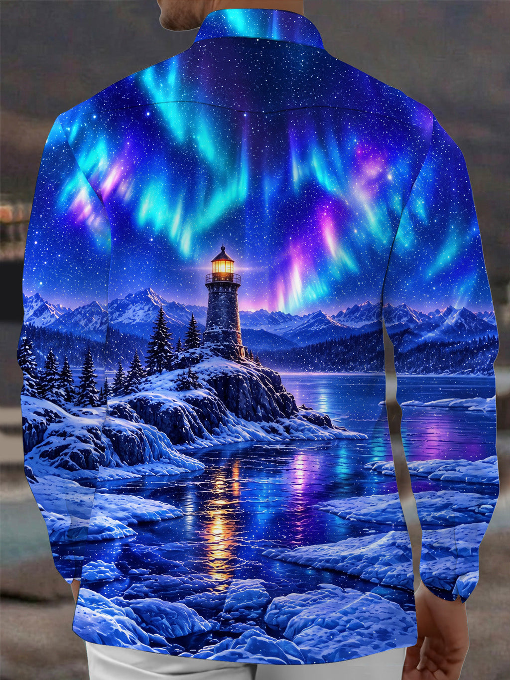 Oceanlyte Men's Printed Aurora Borealis And Lighthouse Print Long Sleeve Shirt with Chest Pocket