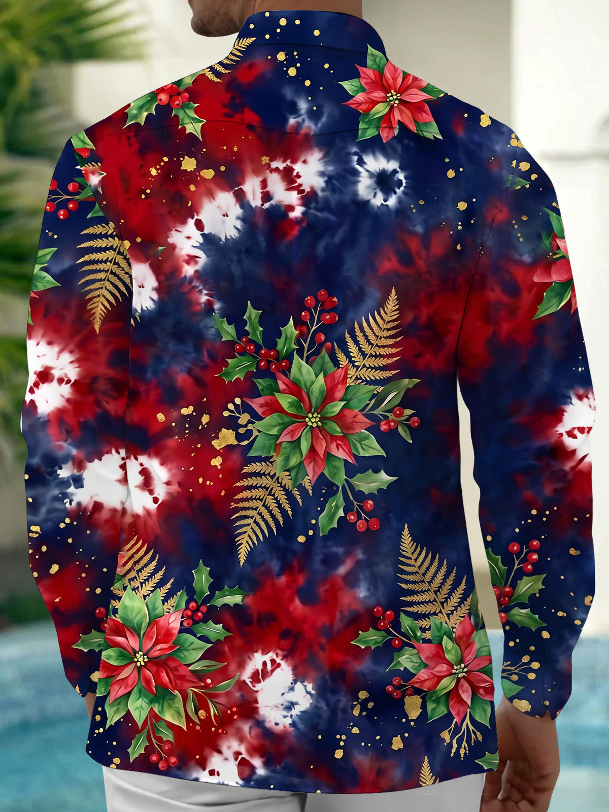 Oceanlyte Men's Long Sleeve Shirt - Christmas Poinsettia And Holly With Gold Ferns Print with Chest Pocket
