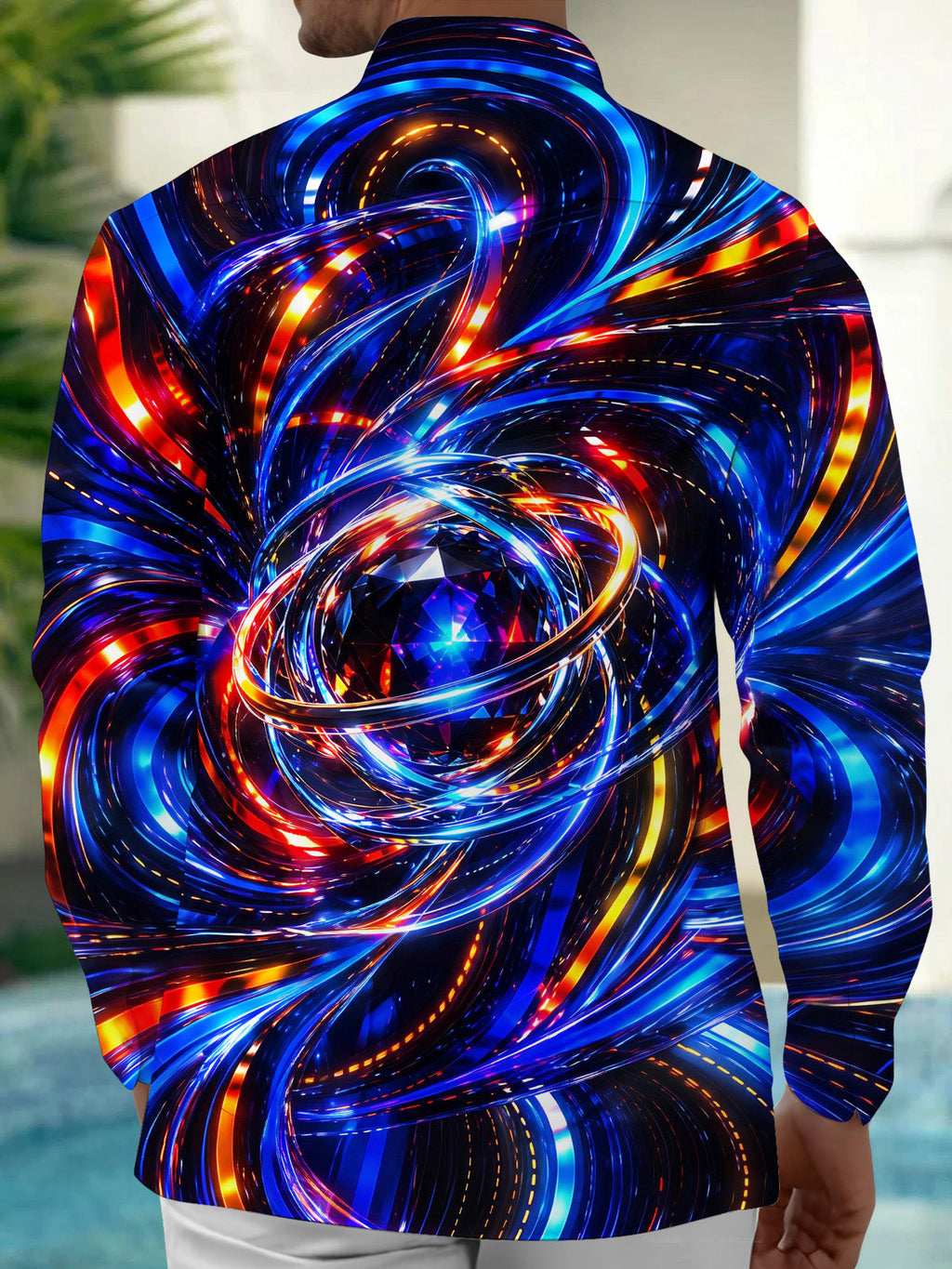 Oceanlyte Men's Abstract Neon Swirls And Geometric Gem Print Long Sleeve Shirt with Chest Pocket