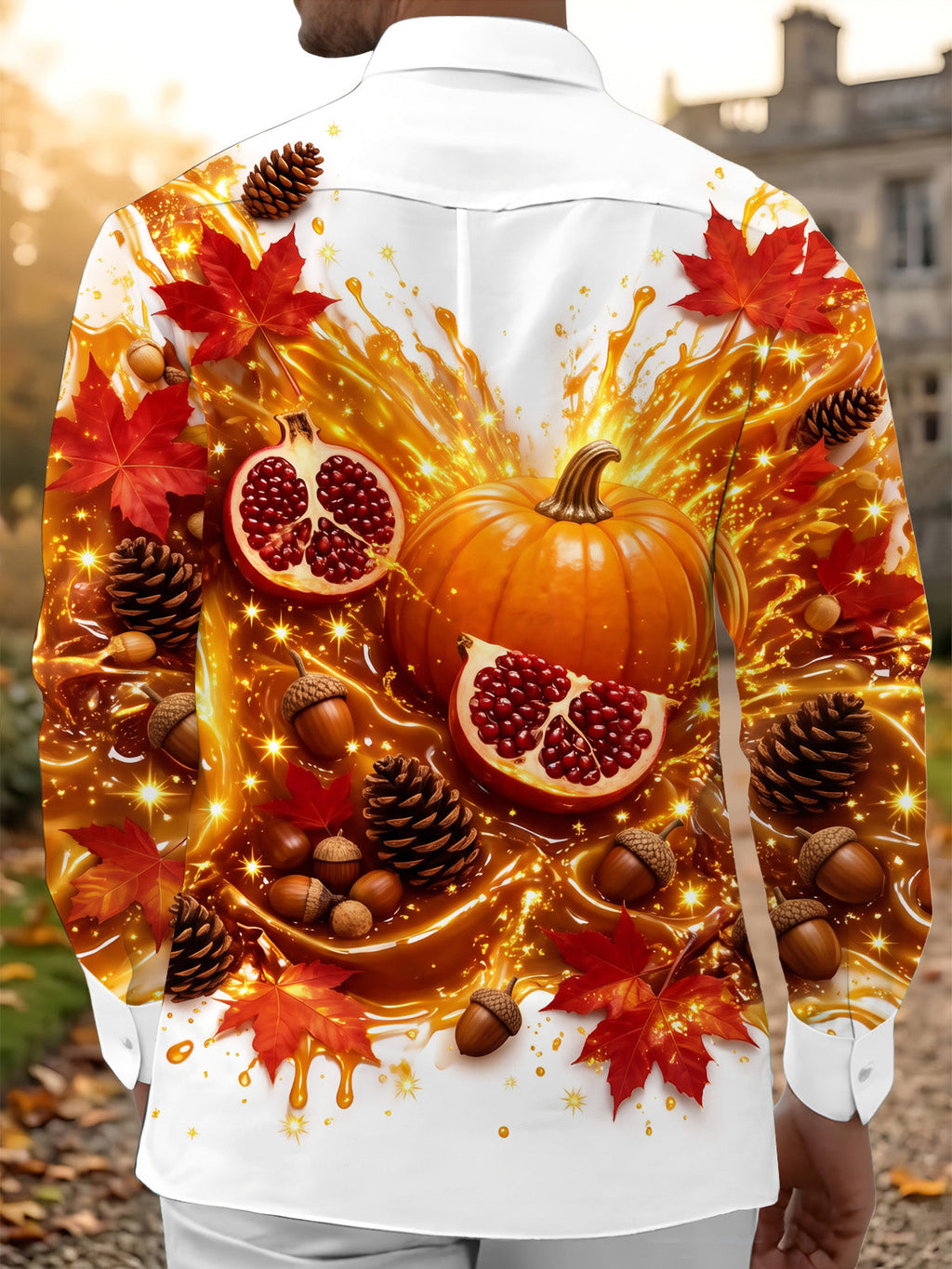 Oceanlyte Men's Printed Autumn Pumpkin And Pomegranate Print Long Sleeve Shirt with Chest Pocket