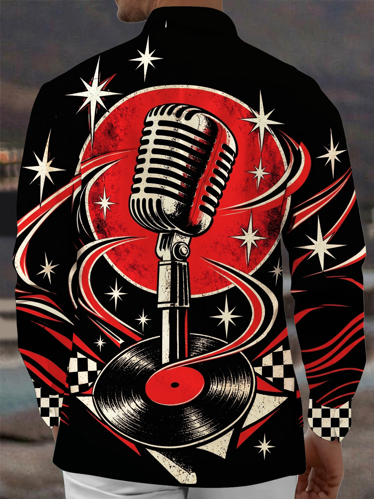 Oceanlyte Men's Vintage Microphone And Vinyl Records Print Long Sleeve Shirt with Chest Pocket
