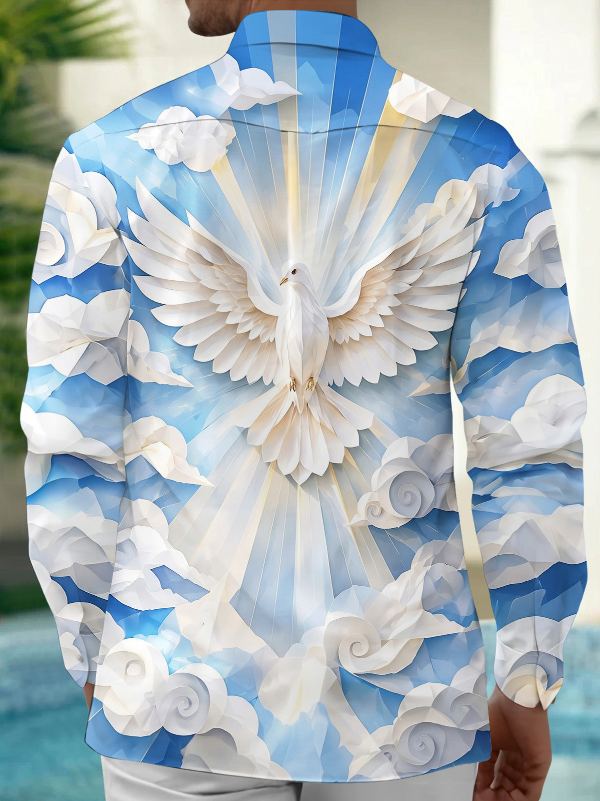 Oceanlyte Men's Printed White Dove And Clouds Print Long Sleeve Shirt with Chest Pocket