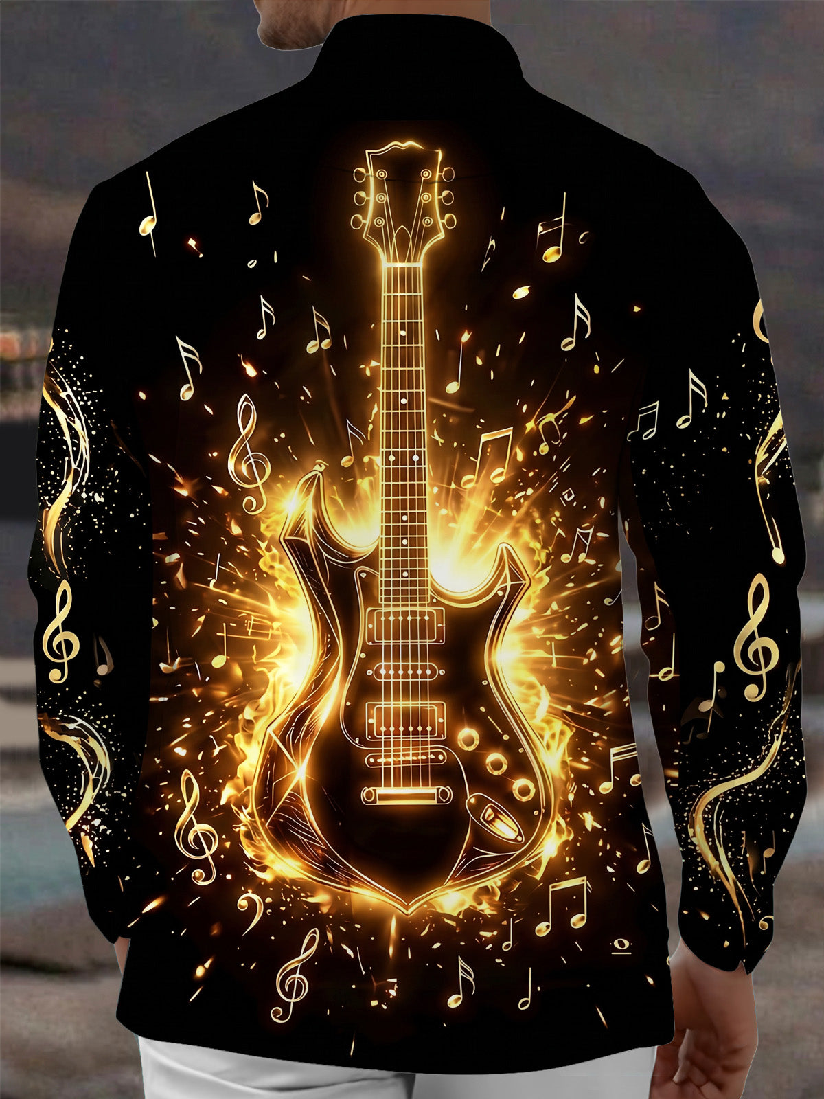 Oceanlyte Men's Graphic Electric Guitar Print Long Sleeve Shirt with Chest Pocket