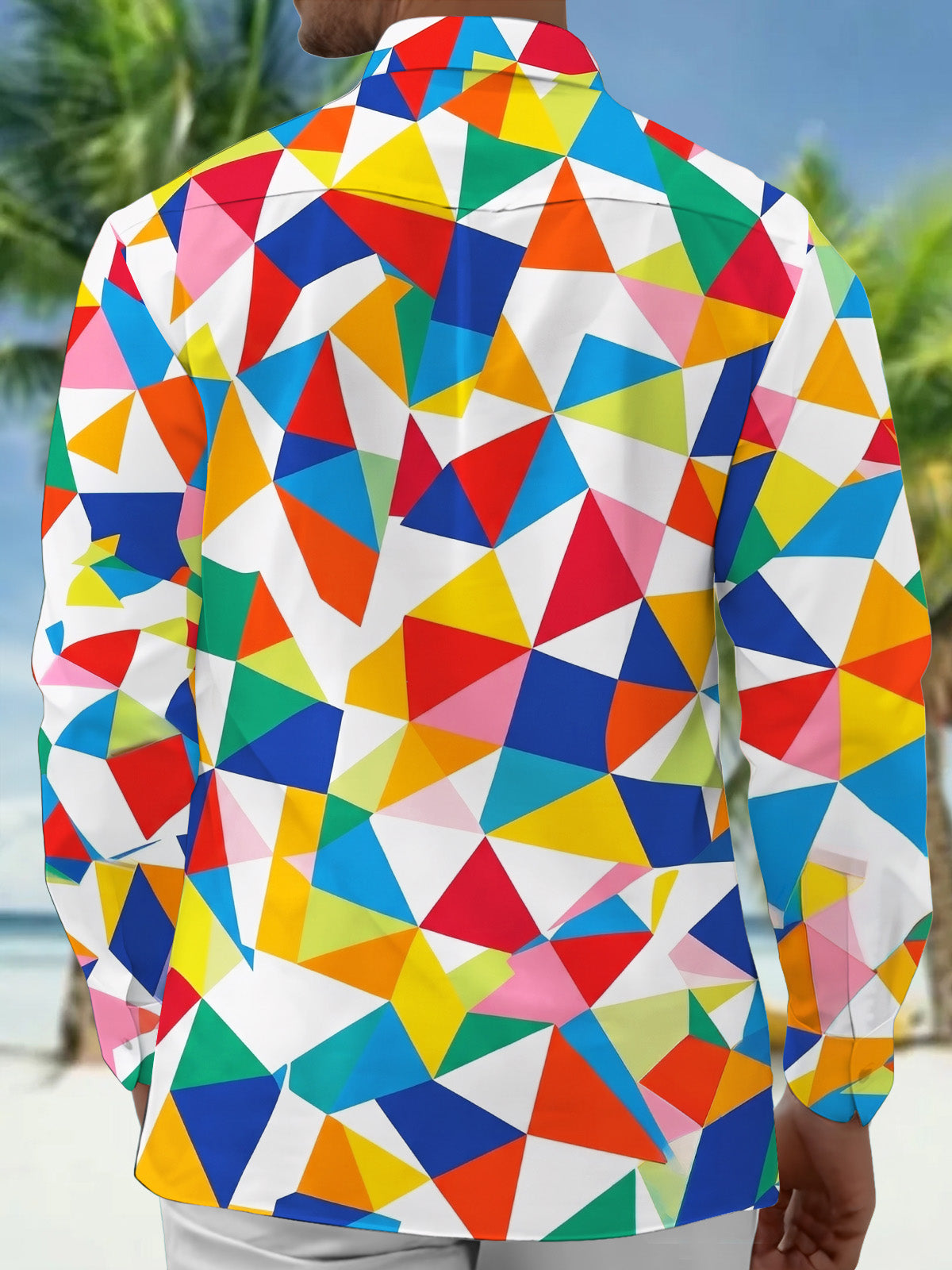 Oceanlyte Men's Printed Colorful Geometric Triangles Print Long Sleeve Shirt with Chest Pocket