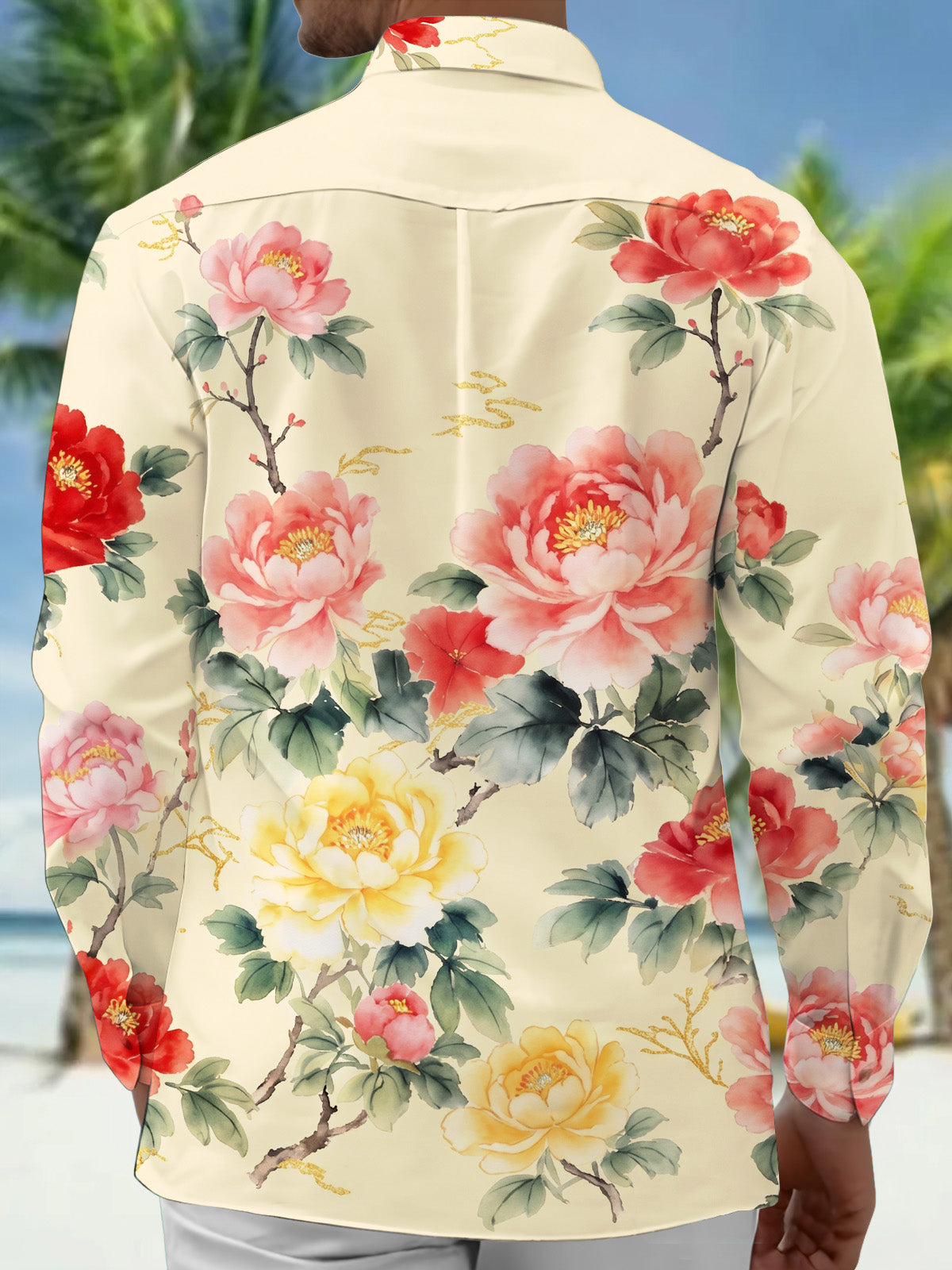 Oceanlyte Men's Floral Floral Print Large Flowers Print Long Sleeve Shirt with Chest Pocket
