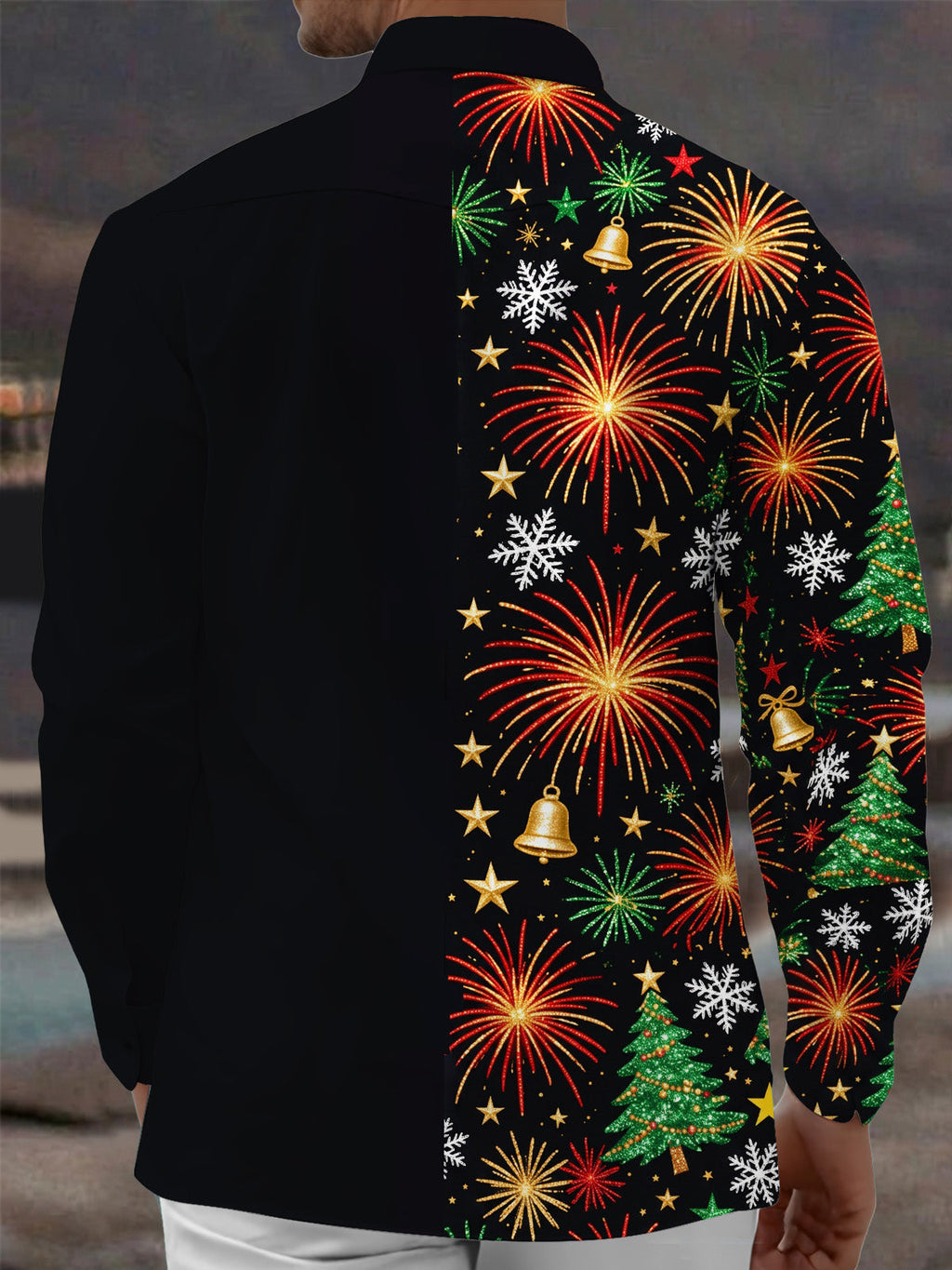 Oceanlyte Men's Christmas Fireworks And Christmas Trees Print Long Sleeve Shirt with Chest Pocket