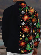 Oceanlyte Men's Christmas Fireworks And Christmas Trees Print Long Sleeve Shirt with Chest Pocket