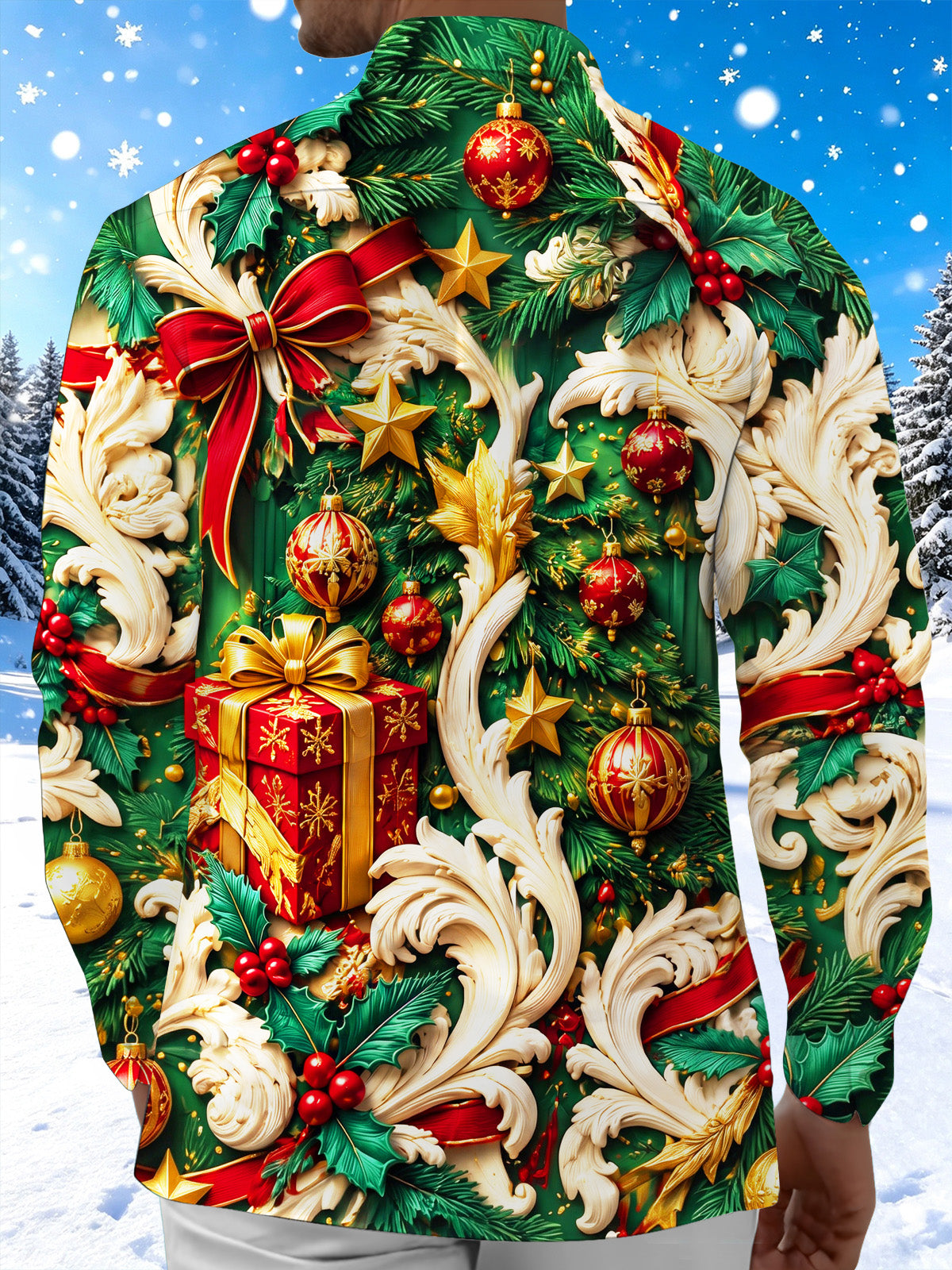 Oceanlyte Men's Long Sleeve Shirt - Christmas Ornaments Gifts And Baroque Scrollwork Print with Chest Pocket
