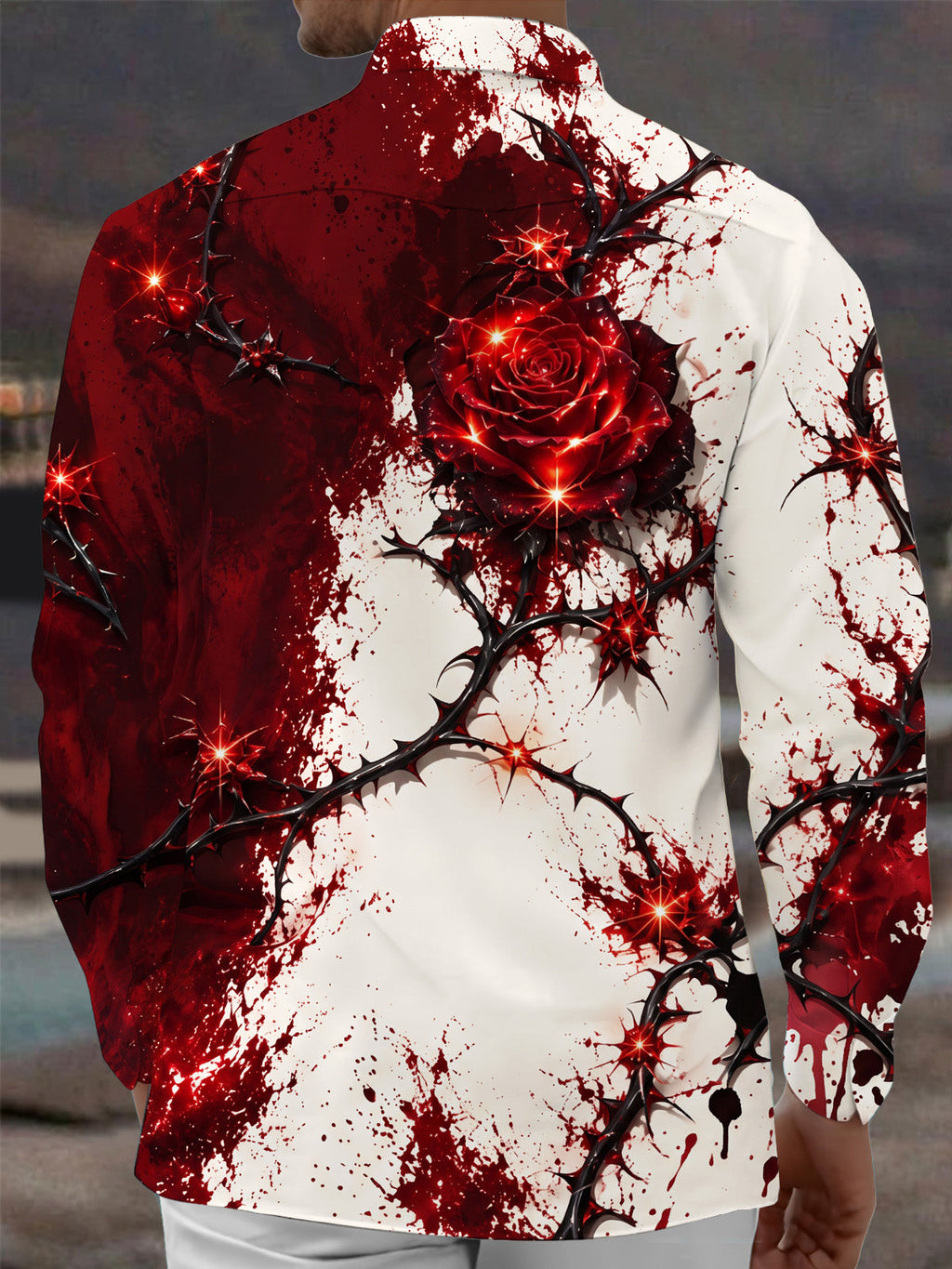 Oceanlyte Men's Printed Red Rose And Black Thorns Print Long Sleeve Shirt with Chest Pocket