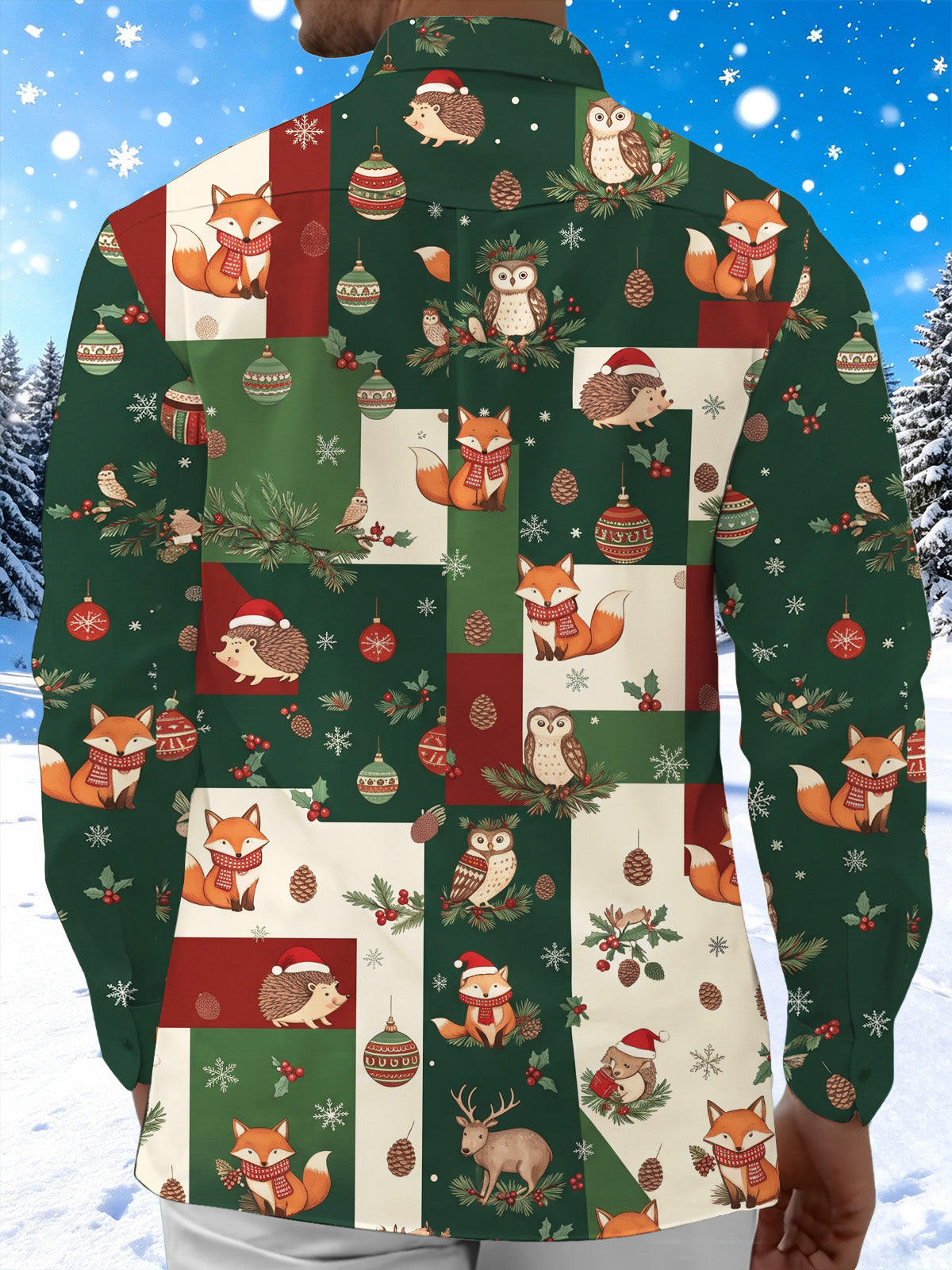 Oceanlyte Men's Forest Animals And Christmas Ornaments Print Long Sleeve Shirt with Chest Pocket