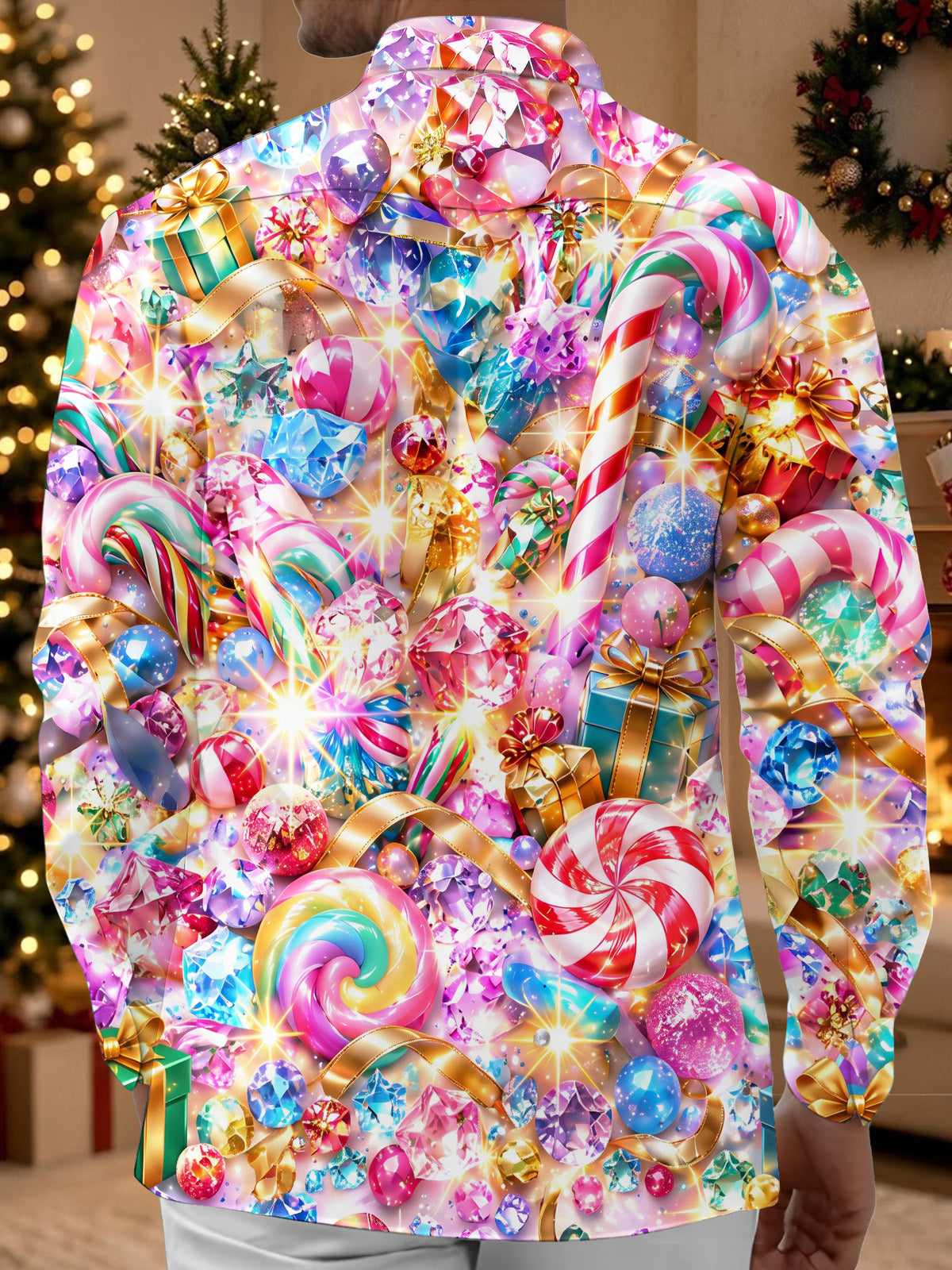 Oceanlyte Men's Christmas Candy Canes And Lollipops Print Long Sleeve Shirt with Chest Pocket