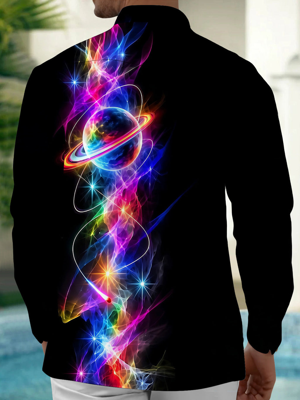 Oceanlyte Men's Colorful Planet With Rings And Nebula Print Long Sleeve Shirt with Chest Pocket