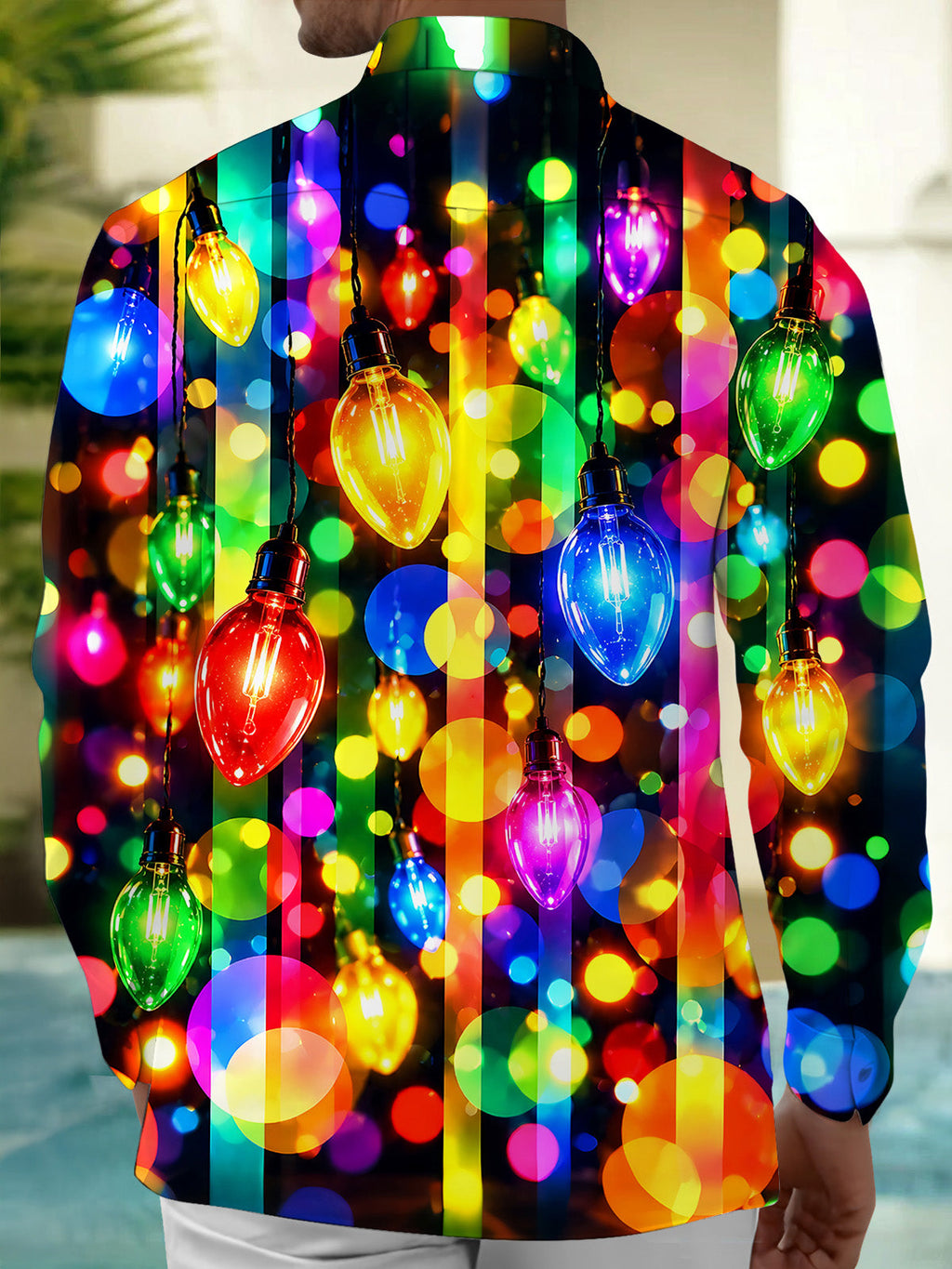 Oceanlyte Men's Printed Colorful Christmas Light Bulbs Print Long Sleeve Shirt with Chest Pocket