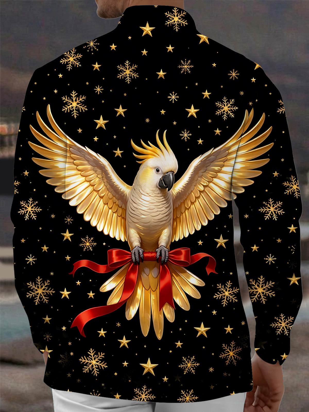 Oceanlyte Men's Christmas Golden Parrot With Red Ribbon Print Long Sleeve Shirt with Chest Pocket