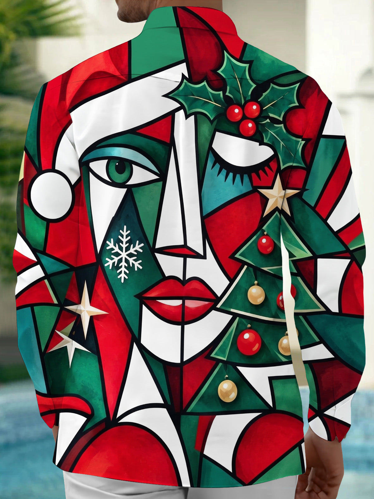 Oceanlyte Men's Long Sleeve Shirt - Abstract Geometric Face With Christmas Elements Print with Chest Pocket