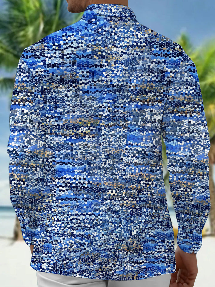 Oceanlyte Men's Patterned Mosaic Tile Pattern Long Sleeve Shirt with Chest Pocket