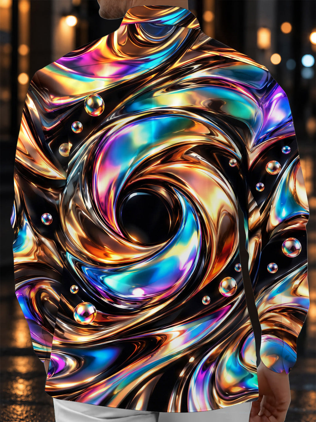 Oceanlyte Men's Long Sleeve Shirt - Abstract 3D Swirling Metallic Liquid And Spheres Print with Chest Pocket