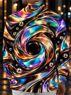 Oceanlyte Men's Long Sleeve Shirt - Abstract 3D Swirling Metallic Liquid And Spheres Print with Chest Pocket
