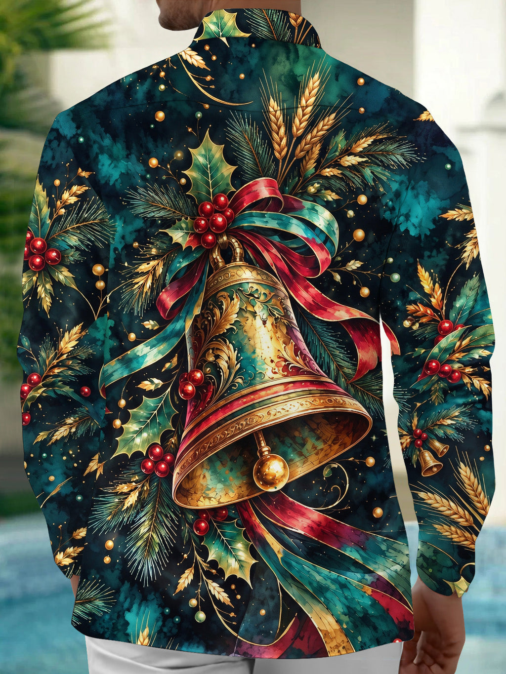 Oceanlyte Men's Hawaiian Christmas Bells And Holly Print Long Sleeve Shirt with Chest Pocket