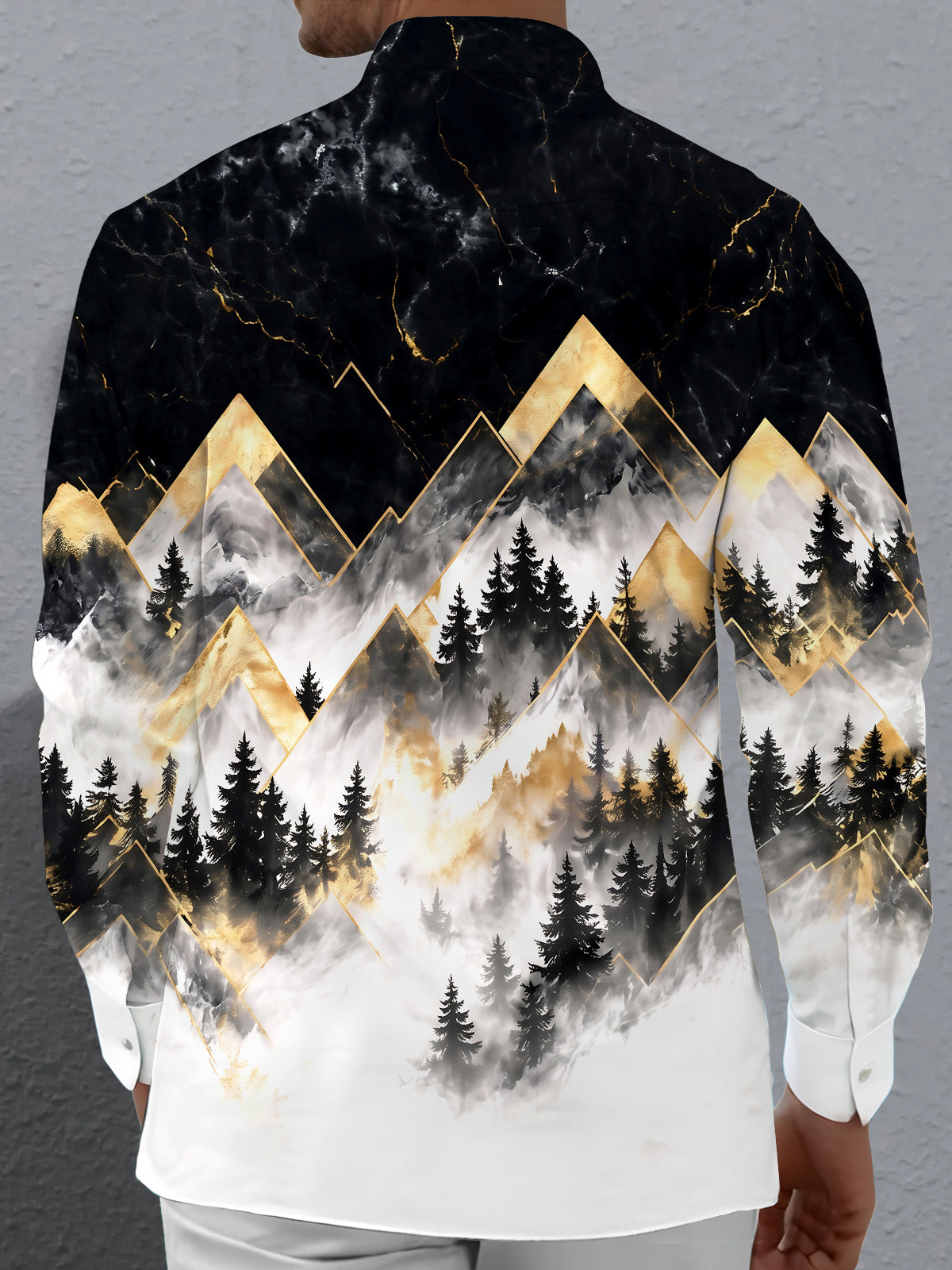 Oceanlyte Men's Geometric Mountains And Forest Trees Print Long Sleeve Shirt with Chest Pocket