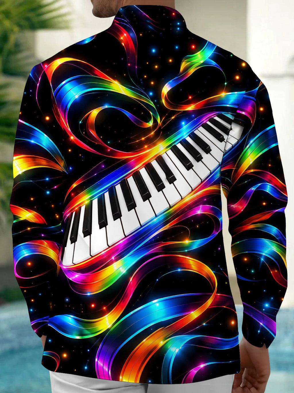 Oceanlyte Men's Long Sleeve Shirt - Neon Piano Keyboard And Rainbow Light Waves Print with Chest Pocket