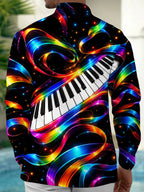 Oceanlyte Men's Long Sleeve Shirt - Neon Piano Keyboard And Rainbow Light Waves Print with Chest Pocket
