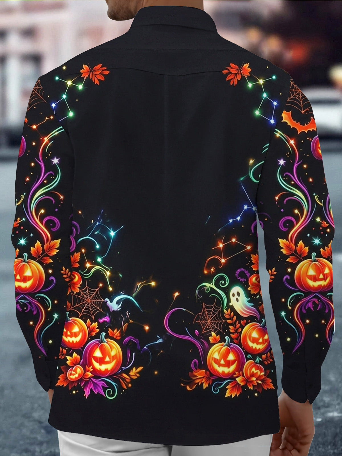 Oceanlyte Men's Halloween Jack-o-lanterns And Ghosts Print Long Sleeve Shirt with Chest Pocket