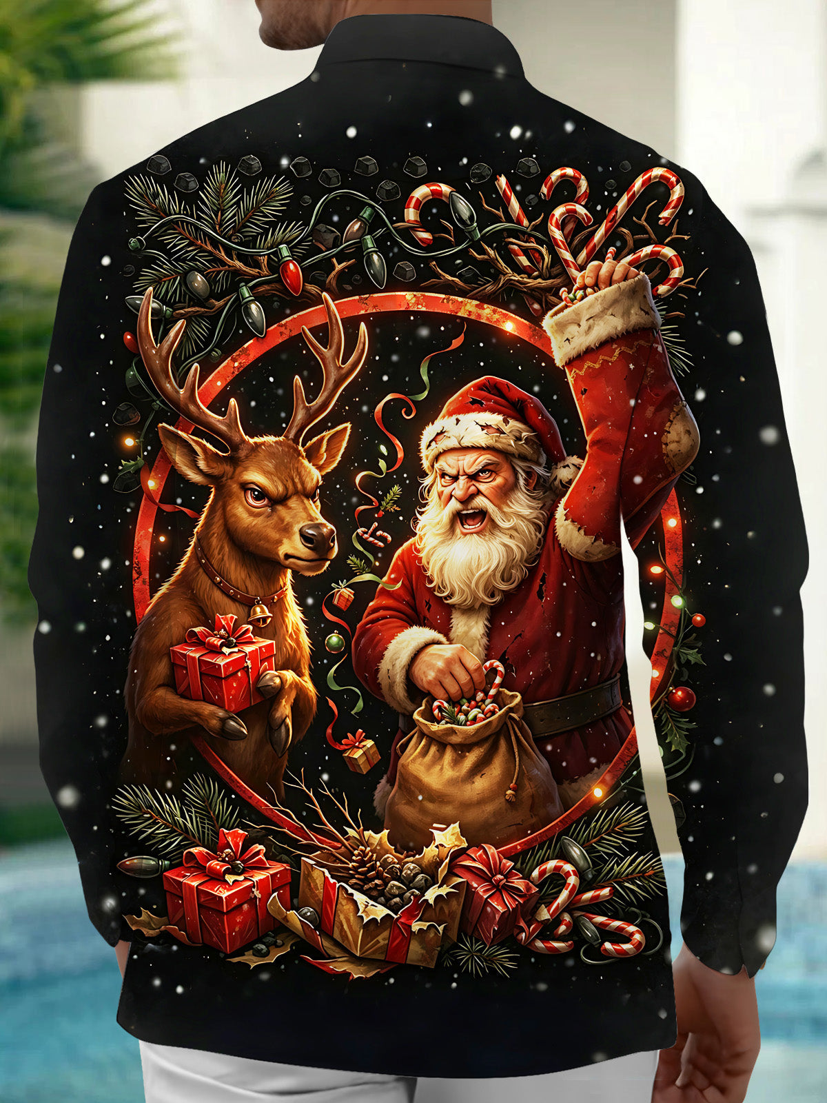 Oceanlyte Men's Long Sleeve Shirt - Angry Santa Claus And Reindeer With Gifts Print with Chest Pocket
