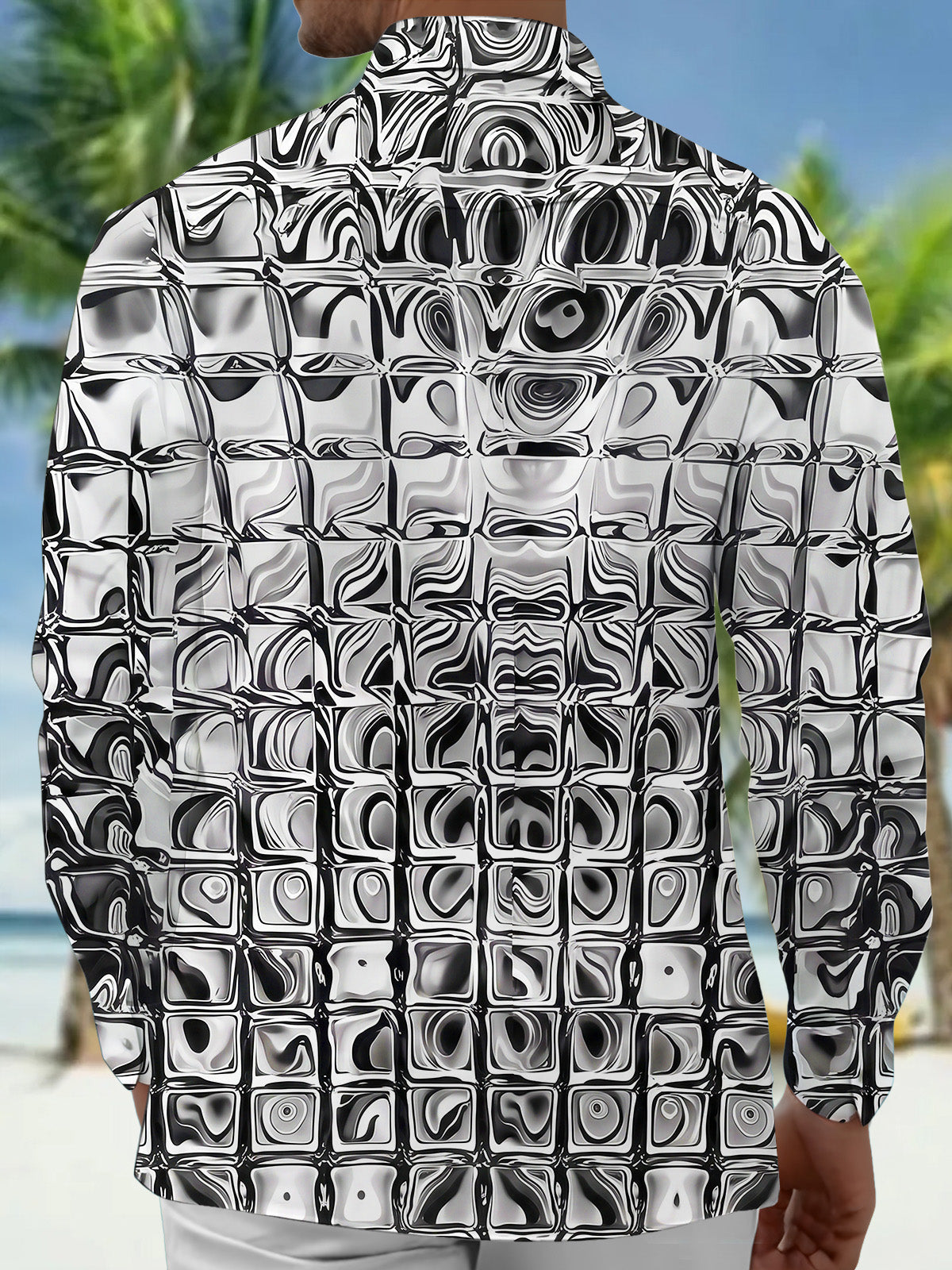Oceanlyte Men's Patterned Distorted Liquid Squares Print Long Sleeve Shirt with Chest Pocket