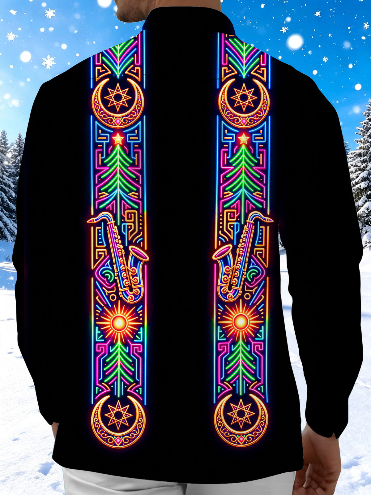 Oceanlyte Men's Neon Saxophone And Christmas Tree Motif Print Long Sleeve Shirt with Chest Pocket