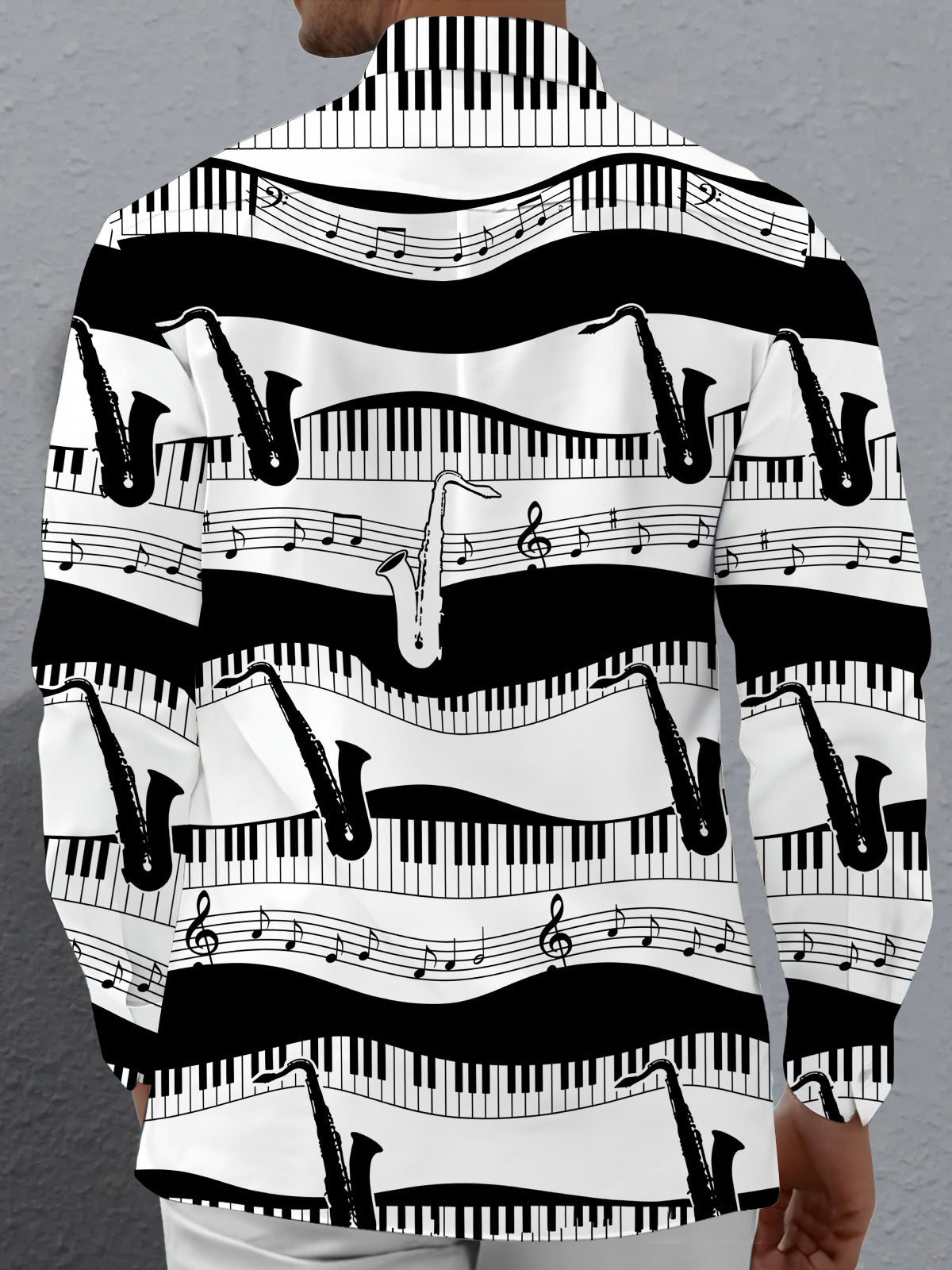 Oceanlyte Men's Graphic Piano Keys And Musical Notes Print Long Sleeve Shirt with Chest Pocket