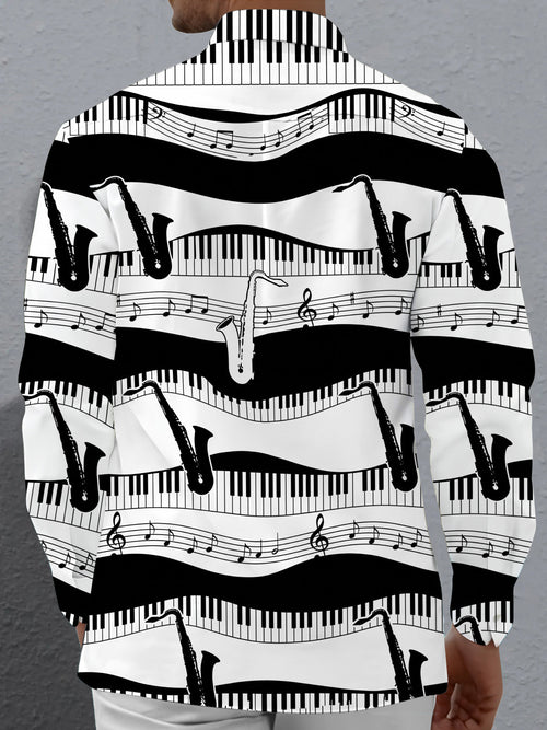 Oceanlyte Men's Graphic Piano Keys And Musical Notes Print Long Sleeve Shirt with Chest Pocket