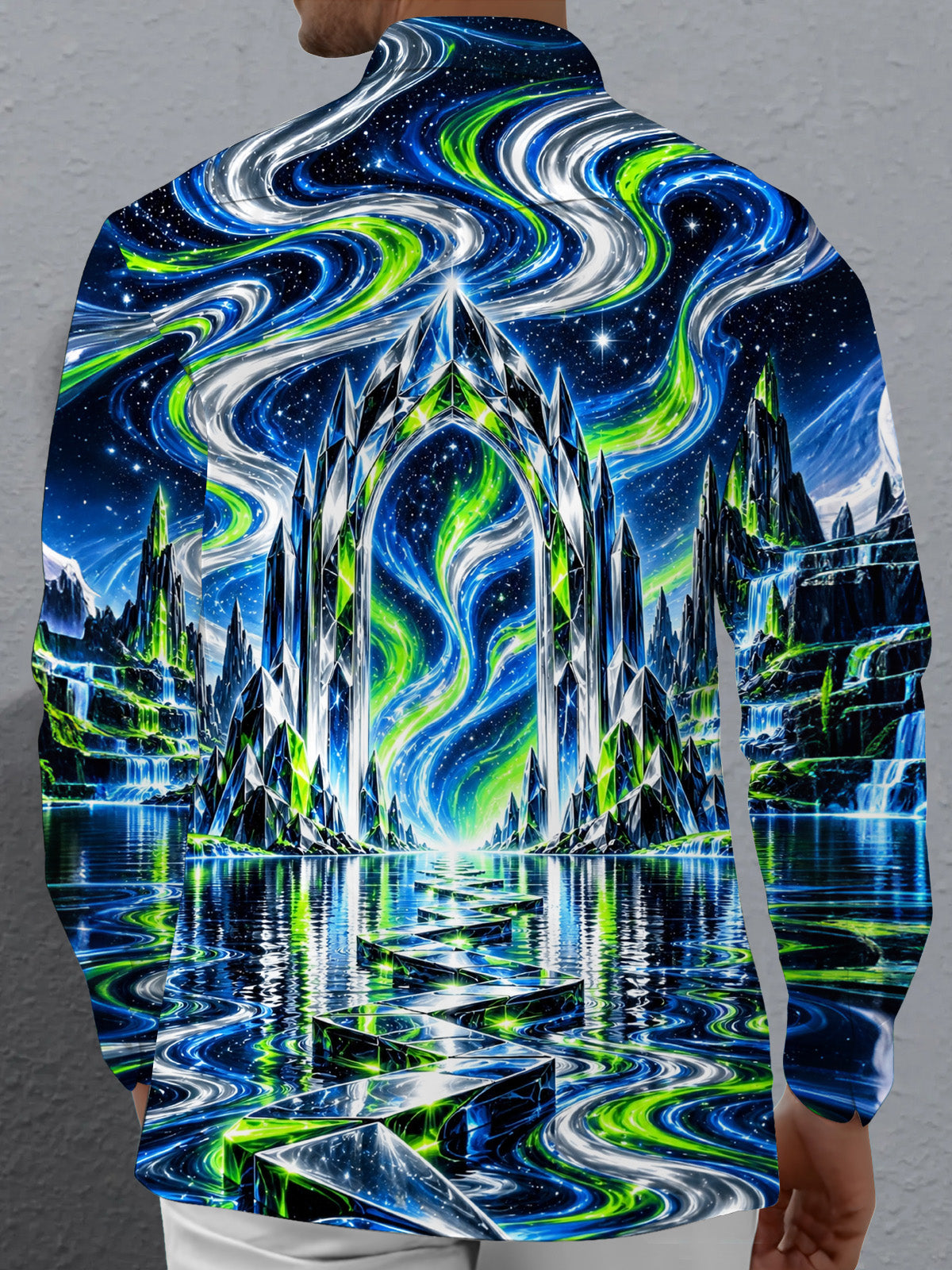 Oceanlyte Men's Long Sleeve Shirt - Crystal Archway And Aurora Borealis Landscape Print with Chest Pocket
