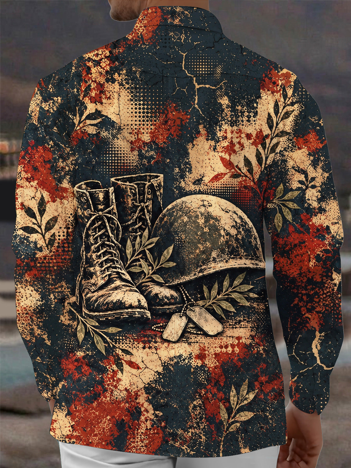 Oceanlyte Men's Long Sleeve Shirt - The "Echoes of Vimy" Military Helmet Boots And Dog Tags With Laurel Leaves Print with Chest Pocket