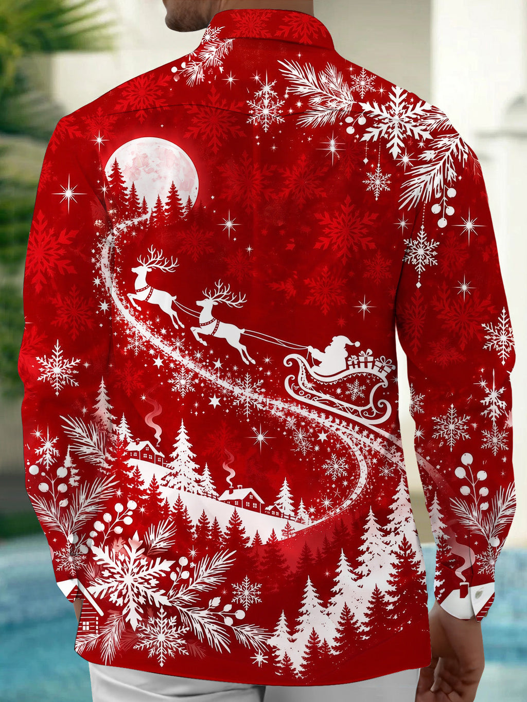 Oceanlyte Men's Printed Snowflakes Print Winter Forest Print Long Sleeve Shirt with Chest Pocket